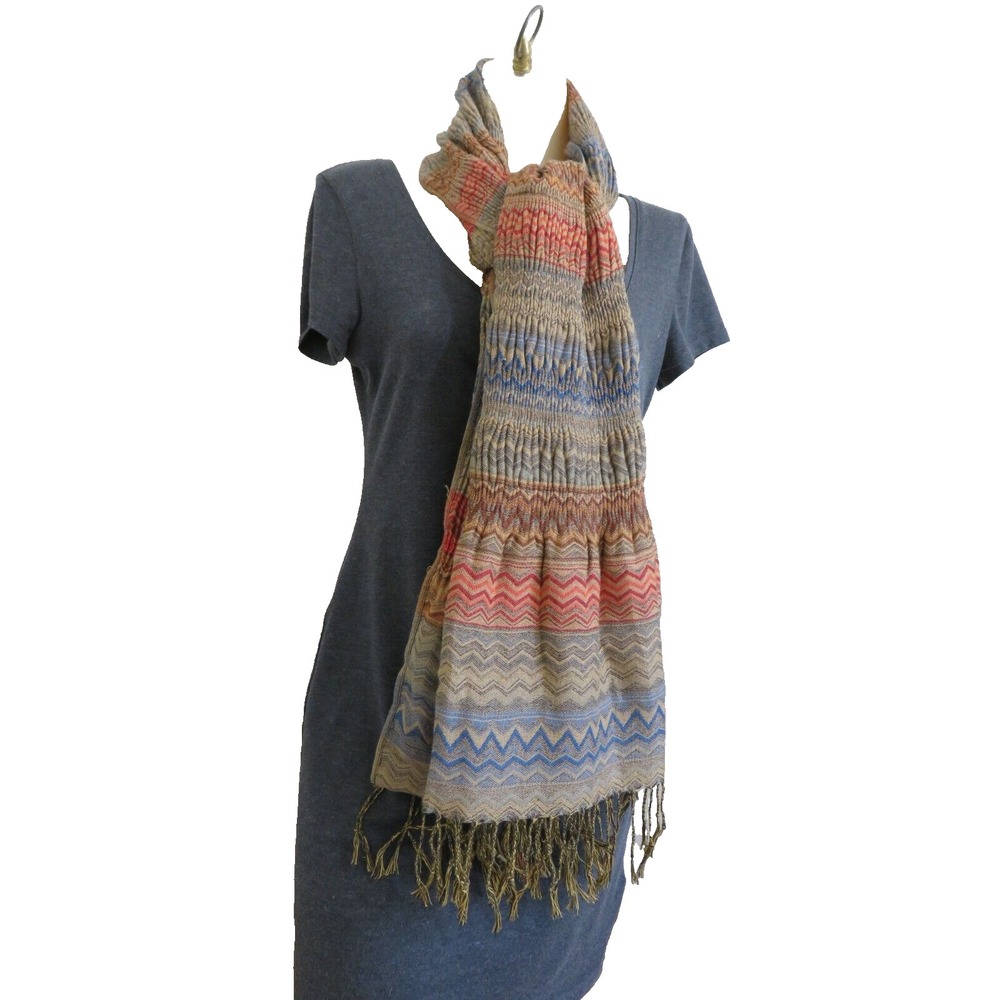 Wool Pashmina Chevron Stripe Multicolor‎ Shawl Wrap Fringed Scarff 70's Style